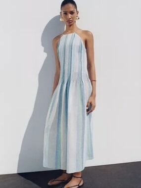 MNG Striped Linen Dress Sundress Summer Long Linen Sun Dress Size 8